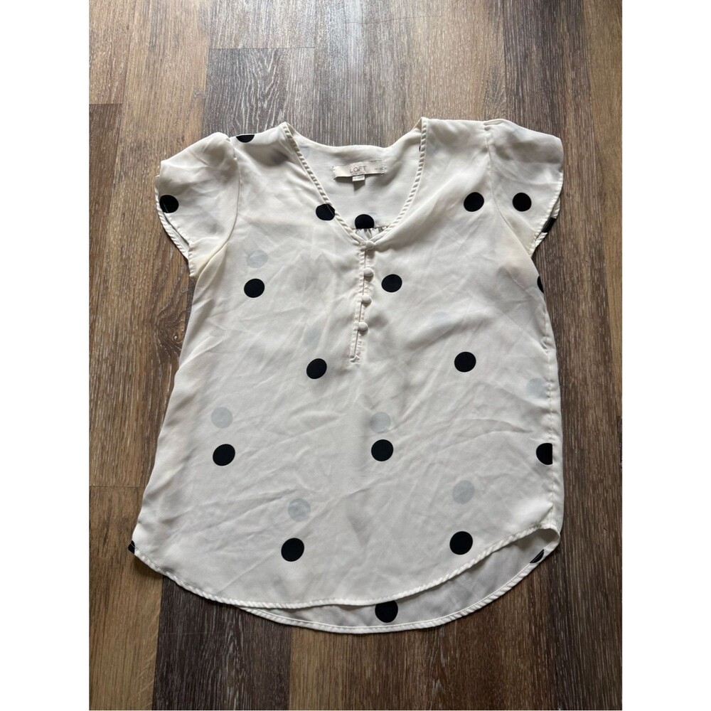 LOFT Petite Polka Dot Blouse Cream Black V Neck Flowy Top XSP